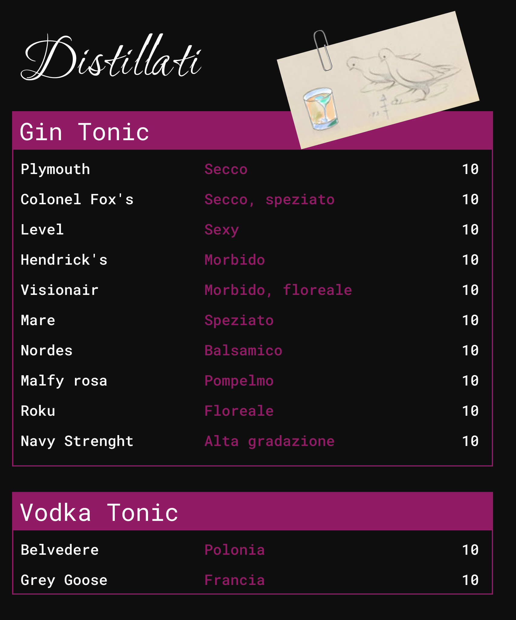 Menu Cocktail Bar Porto Recanati